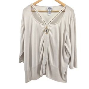 Bob Mackie Studio Womens Beige Embellished Silk Blend Sweater Plus Size 3X Bling